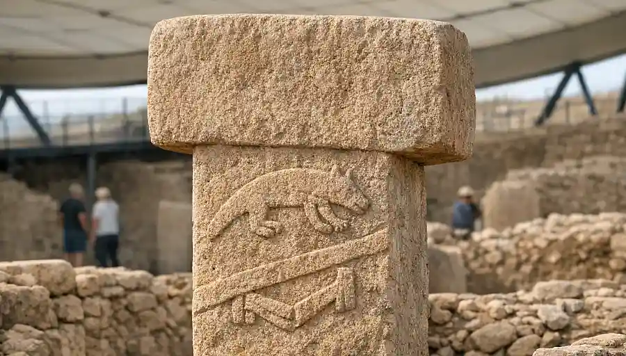 Zbliżenie na rzeźbiony wapienny filar w kształcie T w Göbekli Tepe w Turcji
