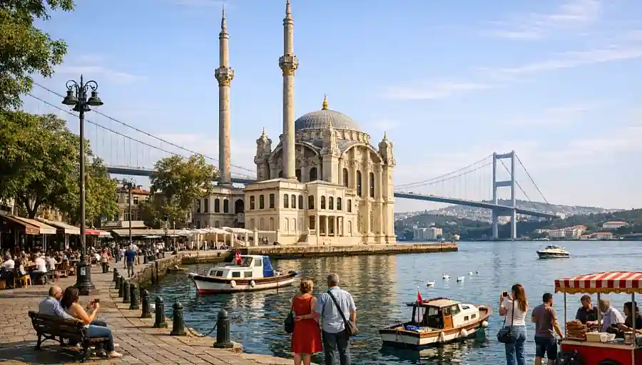 Ortaköy Mosque on the Bosphorus with the Bosphorus Bridge behind it