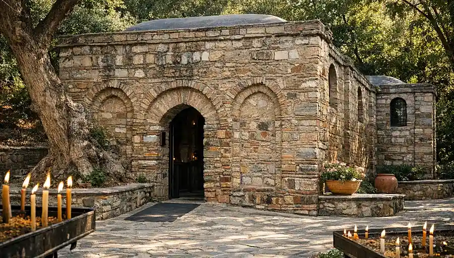 Close exterior view of the stone entrance of the House of the Virgin Mary near Ephesus
