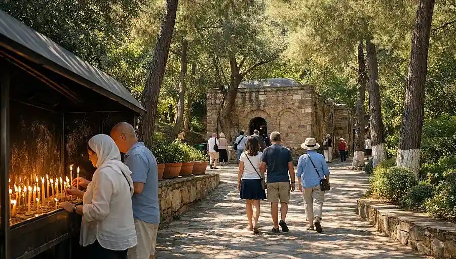 Visitors at the House of the Virgin Mary near Ephesus, lighting candles in a quiet pilgrimage setting
