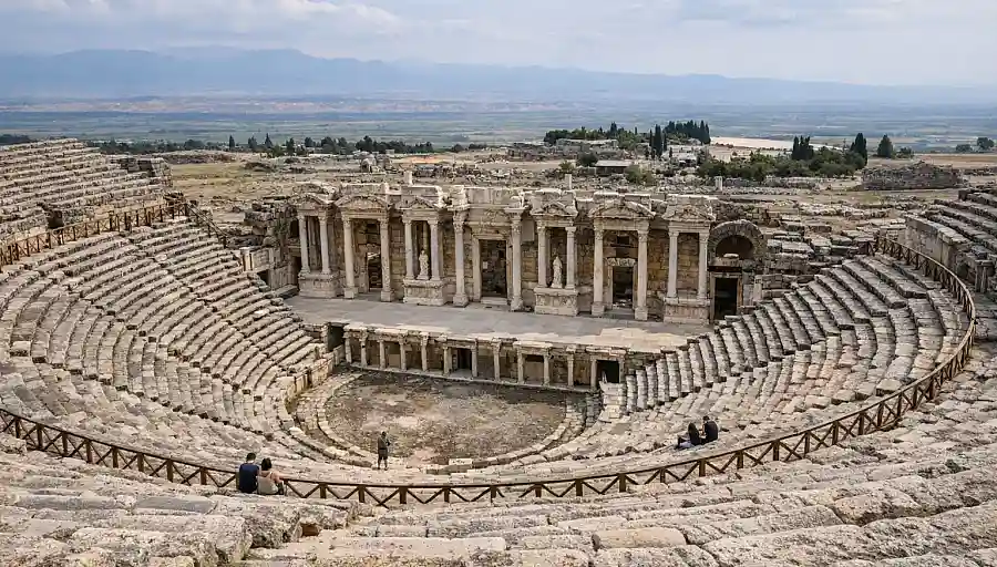 Kamienne widownia i pozostałości sceny teatru antycznego w Hierapolis w Pamukkale