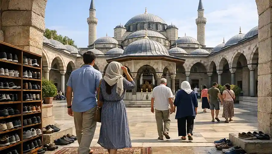 Odwiedzający w skromnym stroju wchodzący w ciągu dnia na dziedziniec meczetu w Türkiye