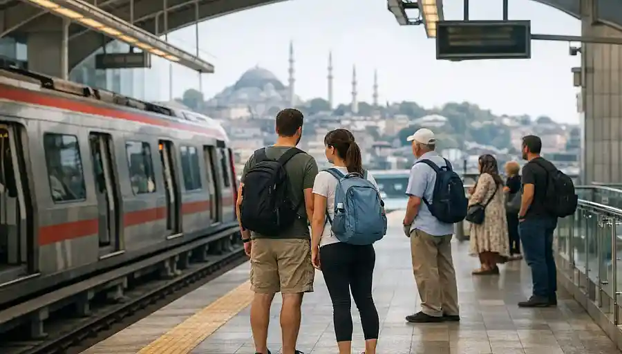 Pasażerowie czekający na nowoczesnym peronie tramwaju lub metra w Stambule