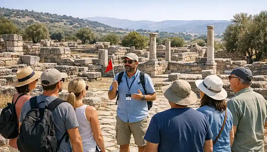 Licencjonowany przewodnik oprowadza małą grupę po stanowisku archeologicznym w Turcji