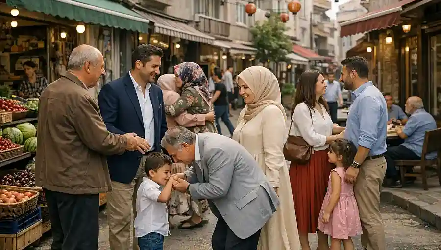 Families walking and greeting each other on a Turkish street during Bayram