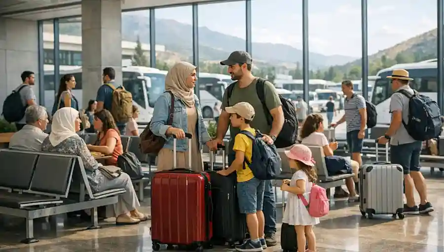 Travellers with suitcases in a Turkish transport terminal during a holiday period