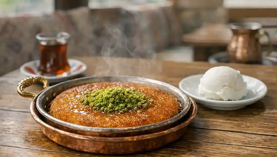 Świeżo podane gorące künefe w miedzianej patelni, z pistacjami i lodami obok