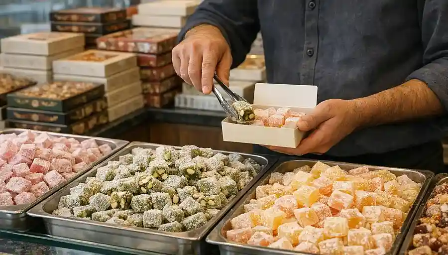 Lokum w tacach w tureckim sklepie ze słodyczami, pakowane do pudełka