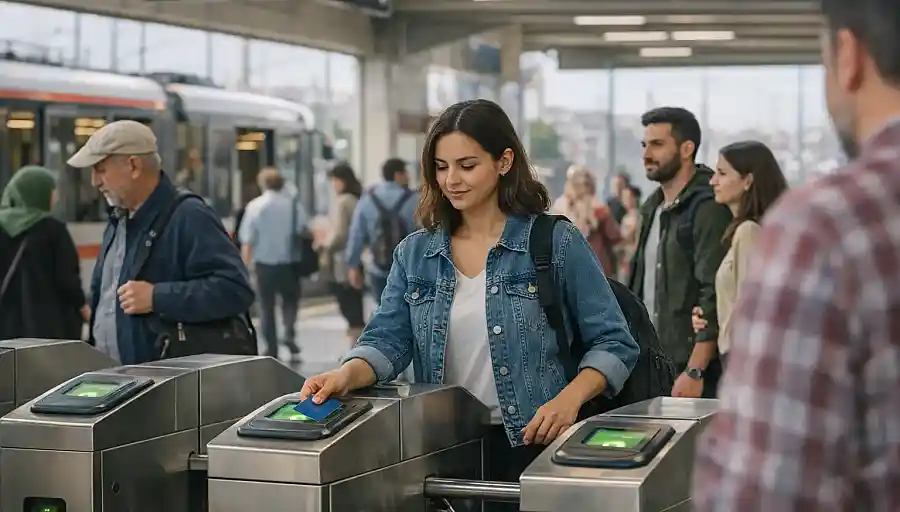 Travellers using a metro or tram station in Istanbul with a reloadable travel card