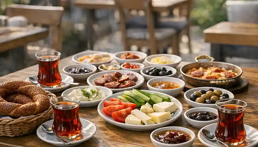 A traditional Turkish breakfast spread with tea, simit, olives and cheeses