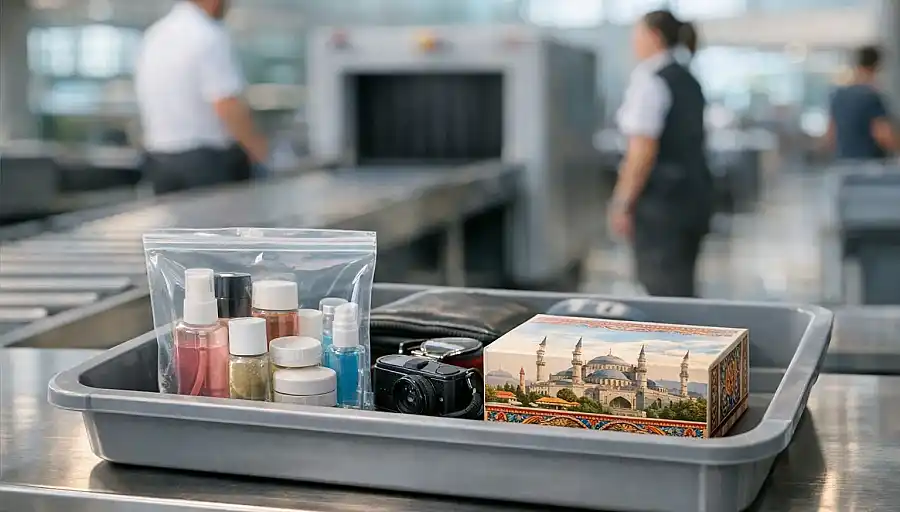 Rzeczy z bagażu podręcznego ułożone w kuwecie podczas kontroli bezpieczeństwa na lotnisku w Türkiye