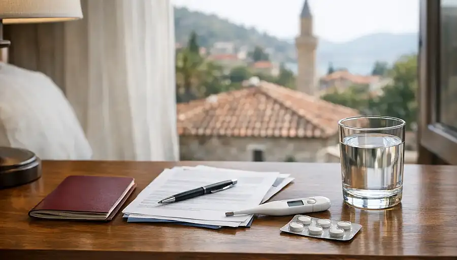 Travel insurance papers and basic medicine items on a hotel bedside table in Türkiye