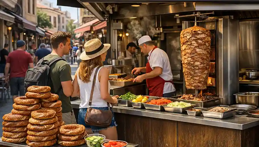 Stoisko ze street foodem w Stambule z simitami i dönerem