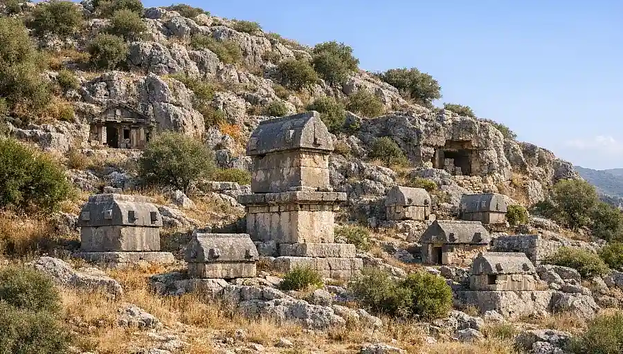 Hillside tombs and stone sarcophagi at Xanthos Ancient City in the Lycian region of Türkiye