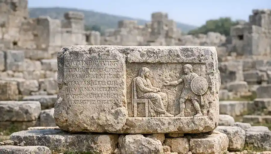 Close-up of carved stone and inscriptions among the ruins of Xanthos Ancient City